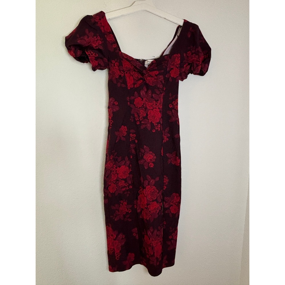 Francesca's Burgundy Red Floral Puff Sleeve Midi Dress Sweetheart Slit Small